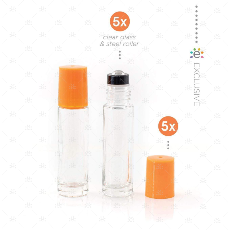 10Ml Clear Glass Roller Bottle With Tangerine (Orange) Lid & Premium Stainless Steel Rollerball - 5