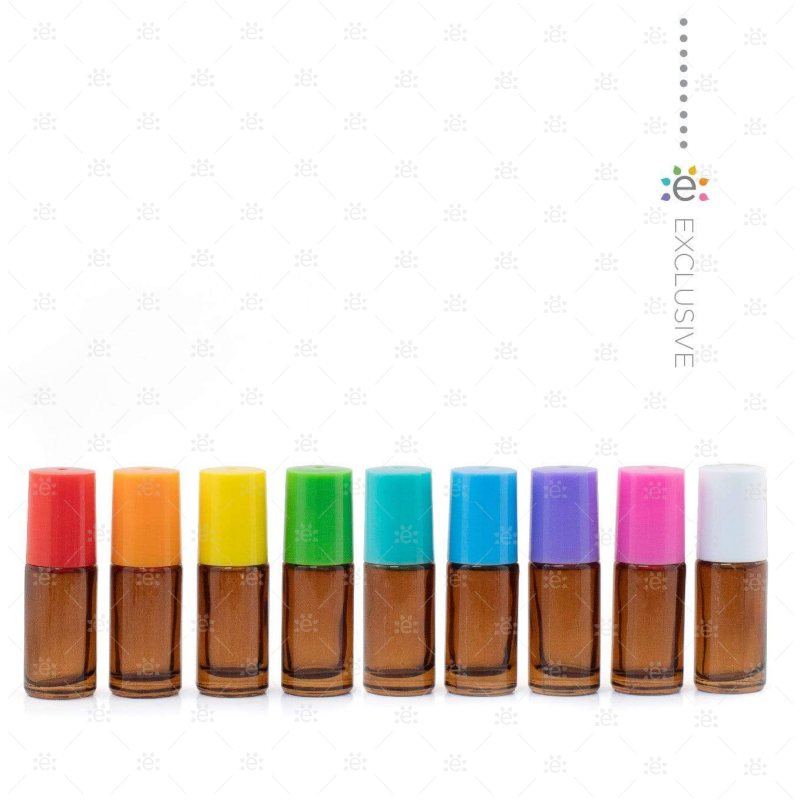 5Ml Amber Roller Bottles With Eos Signature Multi-Coloured Plastic Caps In A Travel Case Set Of 9