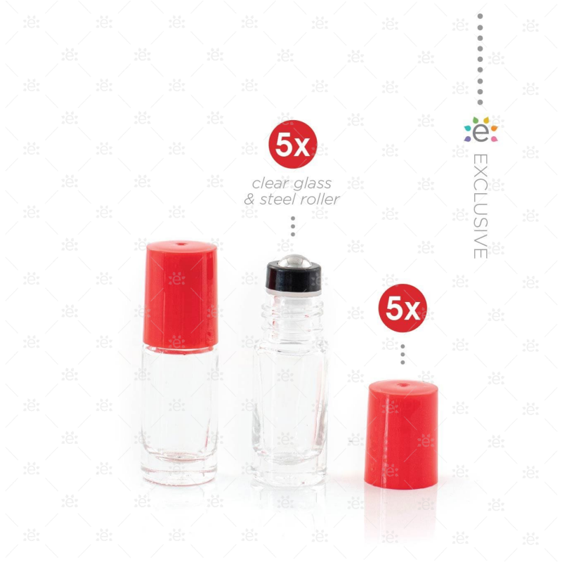 5Ml Clear Glass Roller Bottle With Lipstick Kiss (Red) Lid & Premium Stainless Steel Rollerball - 5