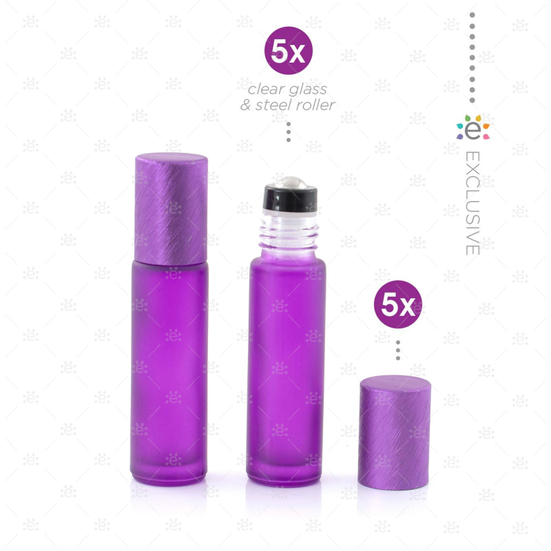 Deluxe Frosted 10Ml Purple Roller Bottles With Metallic Caps & Premium Rollers (5 Pack) Glass Roller