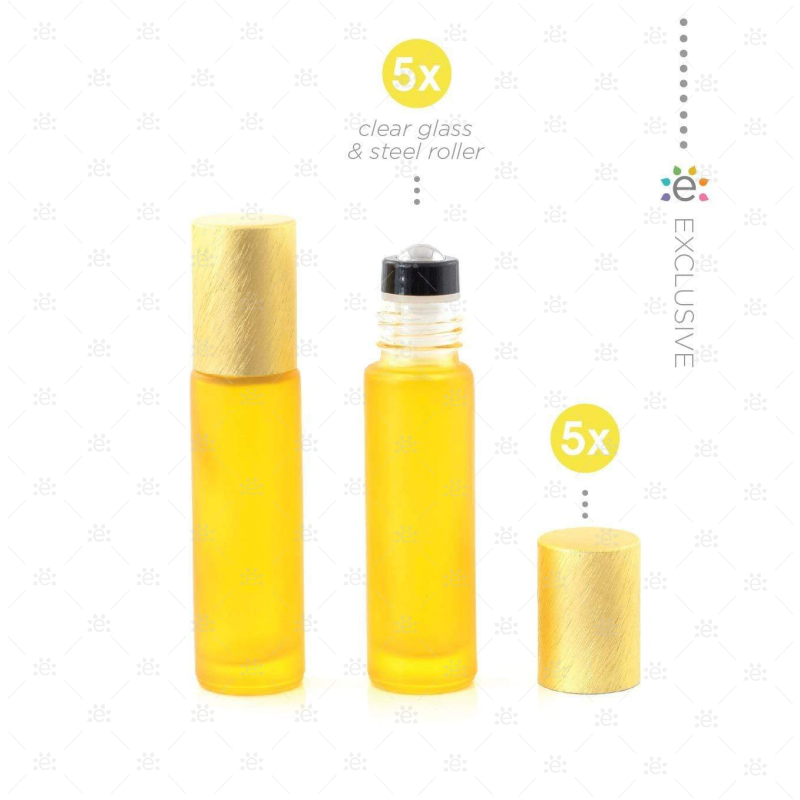 Deluxe Frosted 10Ml Yellow Roller Bottles With Metallic Caps & Premium Rollers (5 Pack) Glass Roller