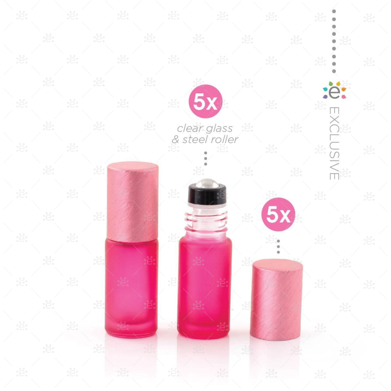 Deluxe Frosted 5Ml Pink Roller Bottles With Metallic Caps & Premium Rollers (5 Pack) Glass Bottle