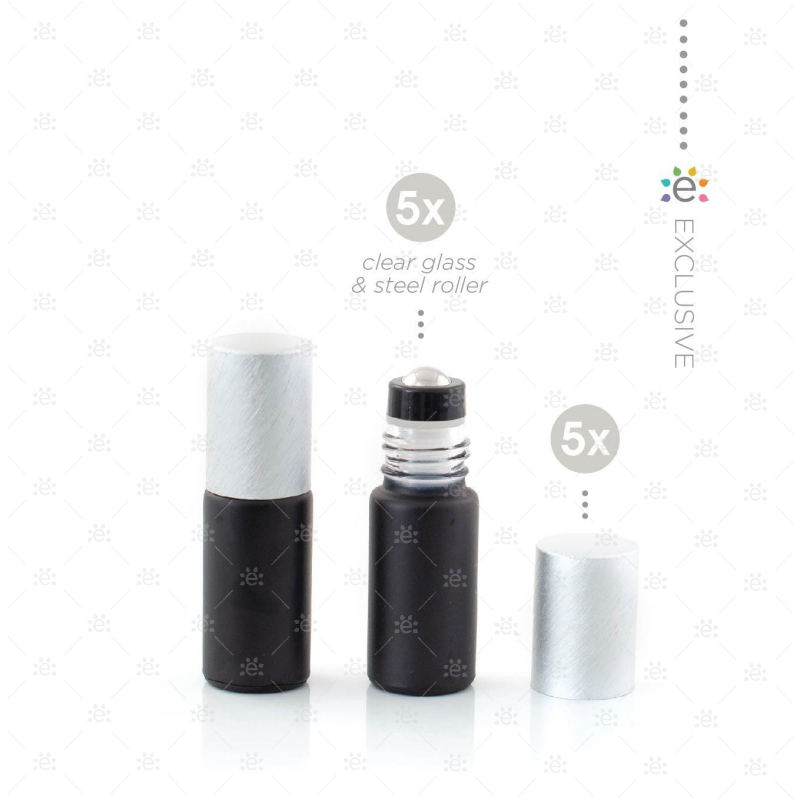 Deluxe Matte 5Ml Black Roller Bottles With Pewter Metallic Caps & Premium Rollers (5 Pack) Glass