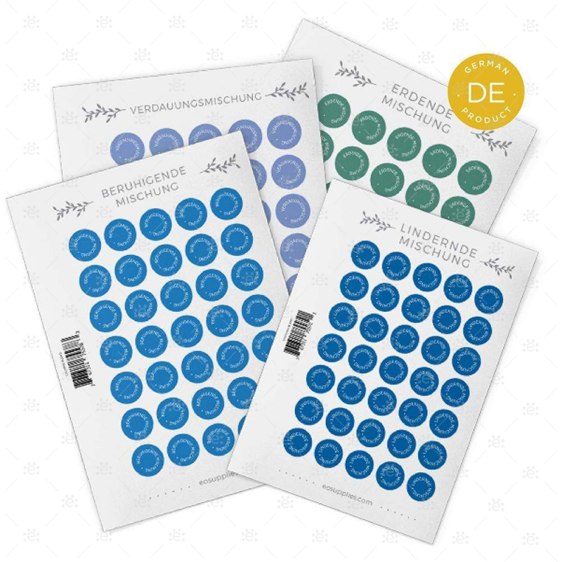 German - Bottle Cap Stickers:  Replacement Sheets (Single & Doterra Trademark Blends) 35 Per Sheet